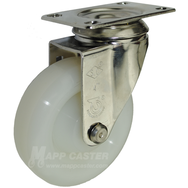 4" x 1-1/4" White Polyolefin Stainless Steel Swivel Caster (Matching Caster for Total Locking caster) - 300 Lbs Capacity