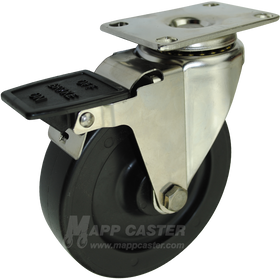 5" x 1-1/4"  Heavy Duty Plastic Wheel Stainless Steel Swivel Caster with Face Contact Brake - 350 Lbs Capacity
