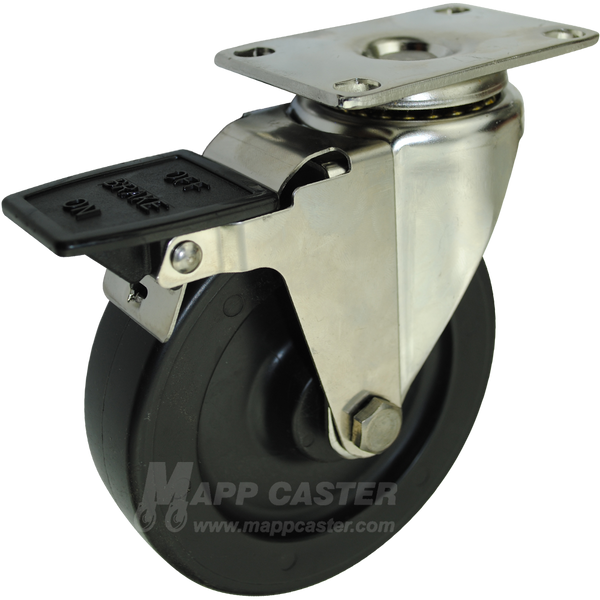5" x 1-1/4"  Heavy Duty Plastic Wheel Stainless Steel Swivel Caster with Face Contact Brake - 350 Lbs Capacity