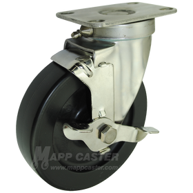 5" x 1-1/4" Heavy Duty Plastic Wheel Stainless Steel Sealed Swivel Brake Caster - 350 Lbs Capacity