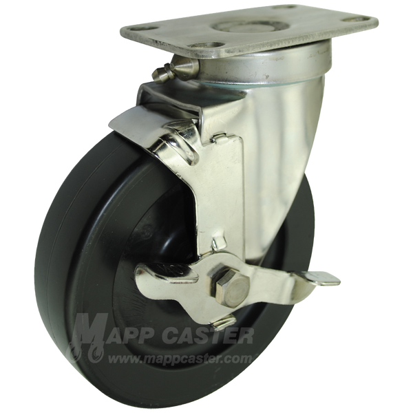 5" x 1-1/4" Heavy Duty Plastic Wheel Stainless Steel Sealed Swivel Brake Caster - 350 Lbs Capacity