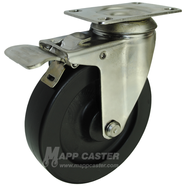5" x 1-1/4" Heavy Duty Plastic Stainless Steel Swivel Caster with Total Locking Brake - 350 Lbs Capacity