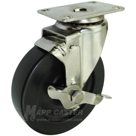 5" x 1-1/4"  Heavy Duty Plastic Wheel Stainless Steel Swivel Brake Caster - 350 Lbs Capacity