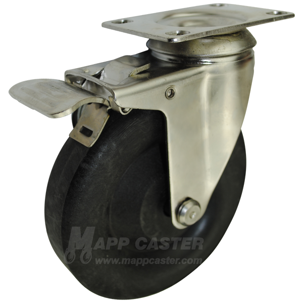 5" x 1-3/8" High Temp Nylon Wheel Stainless Steel Swivel Caster with Total Locking Brake - 350 Lbs. Capacity