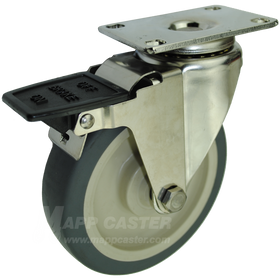 5" x 1-1/4" Thermoplastic Rubber Stainless Steel Swivel Caster with Face Contact Brake - 250 Lbs. Capacity