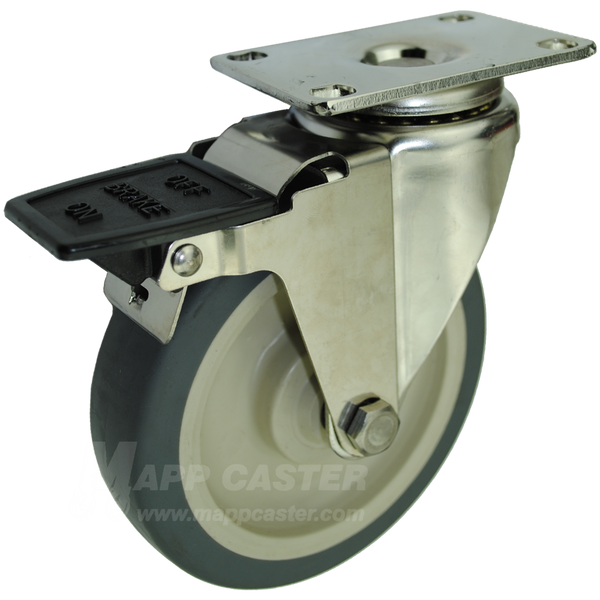 5" x 1-1/4" Thermoplastic Rubber Stainless Steel Swivel Caster with Face Contact Brake - 250 Lbs. Capacity