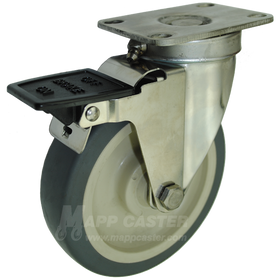 5" x 1-1/4" Thermoplastic Rubber (TPR) Wheel Stainless Steel Sealed Swivel Caster with Face Contact Brake - 250 Lbs Capacity