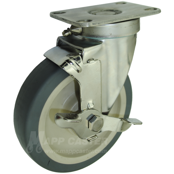 5" x 1-1/4" Thermoplastic Rubber (TPR) Wheel Stainless Steel Sealed Swivel Brake Caster - 250 Lbs Capacity