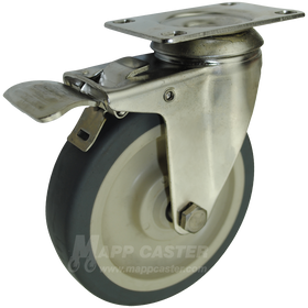 5" x 1-1/4" Thermoplastic Rubber Stainless Steel Swivel Caster Total Locking Brake - 250 Lbs Capacity