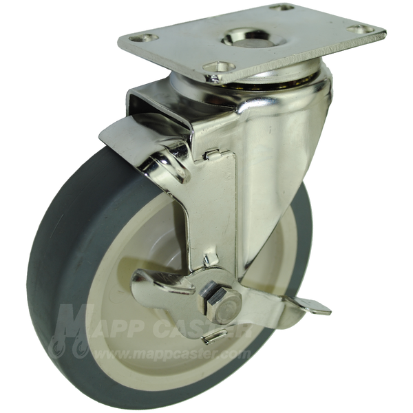 5" x 1-1/4" Thermoplastic Rubber Stainless Steel Swivel Brake Caster - 250 Lbs Capacity