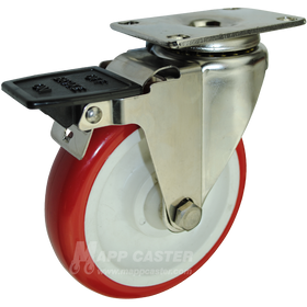 5" x 1-1/4" Polyurethane Stainless Steel Swivel Caster with Face Contact Brake - 350 Lbs Capacity