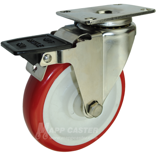 5" x 1-1/4" Polyurethane Stainless Steel Swivel Caster with Face Contact Brake - 350 Lbs Capacity
