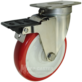 5" x 1-1/4" Polyurethane Stainless Steel Sealed Swivel Caster with Face Contact Brake - 350 Lbs. Capacity