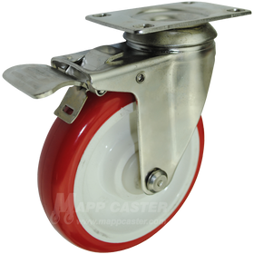 5" x 1-1/4" Polyurethane Stainless Steel Swivel Caster with Total Locking Brake - 350 Lbs Capacity