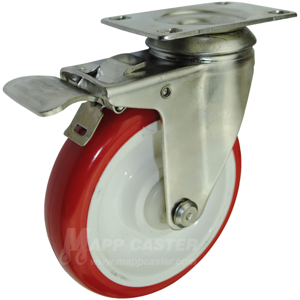 5" x 1-1/4" Polyurethane Stainless Steel Swivel Caster with Total Locking Brake - 350 Lbs Capacity