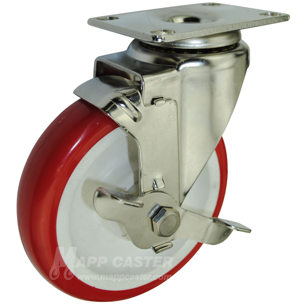 5" x 1-1/4" Polyurethane Stainless Steel Swivel Caster with Brake - 350 Lbs Capacity