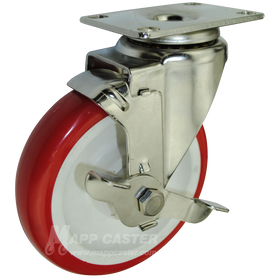 5" x 1-1/4" Polyurethane Stainless Steel Sealed Swivel Caster with Brake - 350 Lbs. Capacity