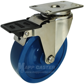 5" x 1-1/4" Solid Polyurethane Stainless Steel Swivel Caster with Face Contact Brake - 350 Lbs. Capacity