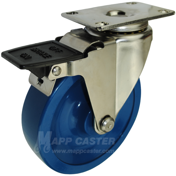 5" x 1-1/4" Solid Polyurethane Stainless Steel Swivel Caster with Face Contact Brake - 350 Lbs. Capacity