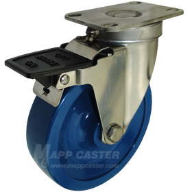 5" x 1-1/4" Solid Polyurethane Stainless Steel Sealed Swivel Caster with Face Contact Brake - 350 Lbs. Capacity