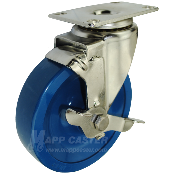 5" x 1-1/4" Solid Polyurethane Stainless Steel Swivel Caster with Brake - 350 Lbs. Capacity