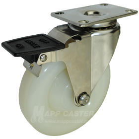 5" x 1-1/4" White Polyolefin Stainless Steel Swivel Caster with Face Contact Brake - 350 Lbs. Capacity