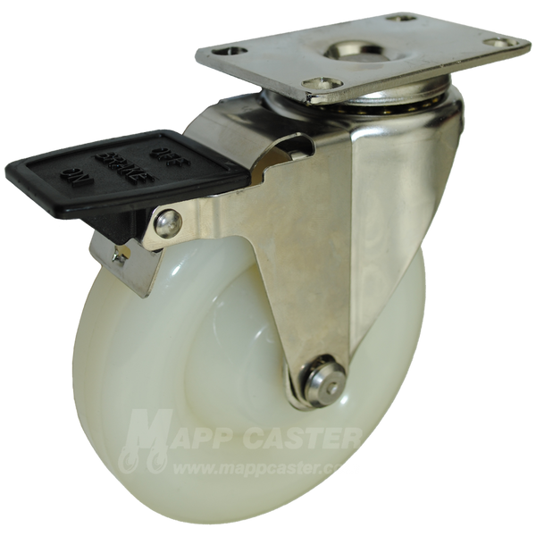 5" x 1-1/4" White Polyolefin Stainless Steel Swivel Caster with Face Contact Brake - 350 Lbs. Capacity