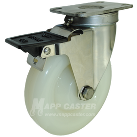 5" x 1-1/4" White Polyolefin Stainless Steel Sealed Swivel Caster with Face Contact Brake - 350 Lbs. Capacity