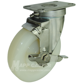 5" x 1-1/4" White Polyolefin Stainless Steel Sealed Swivel Brake Caster - 350 Lbs Capacity