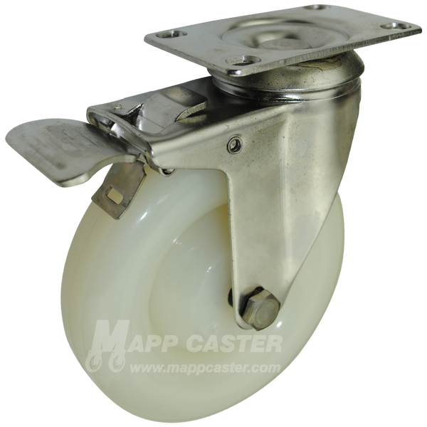 5" x 1-1/4" White Polyolefin Stainless Steel Swivel Caster with Total Locking Brake - 350 Lbs. Capacity