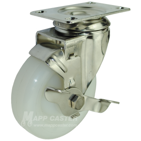 5" x 1-1/4" White Polyolefin Stainless Steel Swivel Brake Caster - 350 Lbs. Capacity
