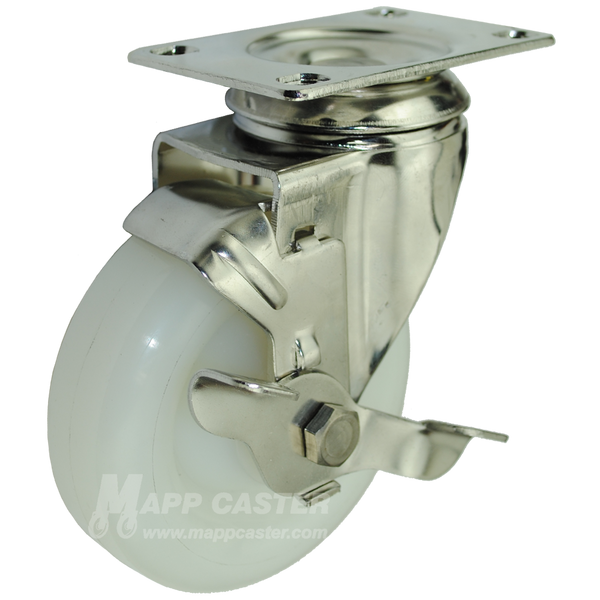 5" x 1-1/4" White Polyolefin Stainless Steel Swivel Brake Caster - 350 Lbs. Capacity