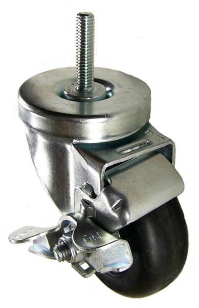 3" x 1-1/4" Neoprene Wheel Swivel Brake Caster, 3/8"-16 x 1-1/2" Threaded Stem - 200 lbs Capacity