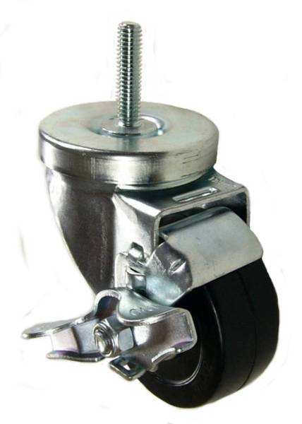 3" x 1-1/4" Hard Rubber Ball Bearing Wheel Swivel Brake Caster, 3/8"-16 x 1-1/2" Threaded Stem - 300 lbs Capacity