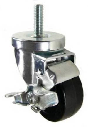 3" x 1-1/4" Soft Rubber Wheel Swivel Brake Caster, 1/2"-13 x 1-1/2" Threaded Stem - 175 lbs Capacity