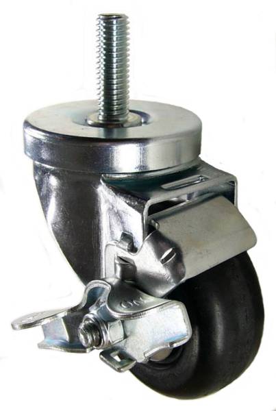 3" x 1-1/4" Neoprene Wheel Swivel Brake Caster, 1/2"-13 x 1-1/2" Threaded Stem - 200 lbs Capacity