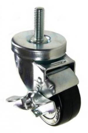 3" x 1-1/4" Hard Rubber Ball Bearing Wheel Swivel Brake Caster, 1/2"-13 x 1-1/2" Threaded Stem - 300 lbs Capacity