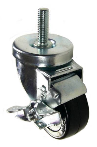 3" x 1-1/4" Soft Rubber Ball Bearing Wheel Swivel Brake Caster, 1/2"-13 x 1-1/2" Threaded Stem - 175 lbs Capacity