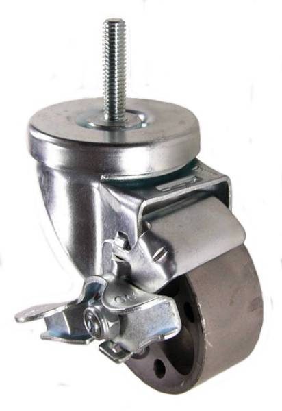 3" x 1-1/4" Sintered Steel Wheel Swivel Brake Caster, 3/8"-16 x 1-1/2" Threaded Stem - 250 Lbs Capacity