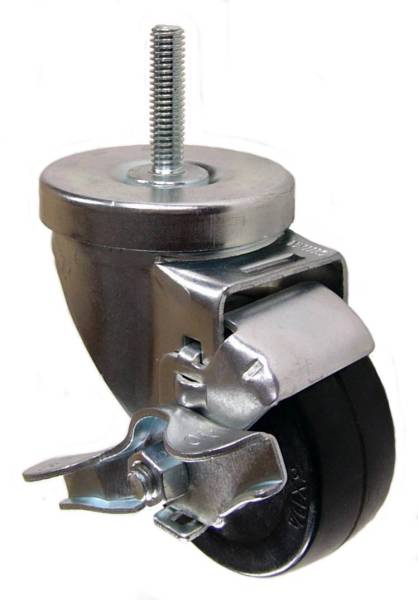 3" x 1-1/4" Soft Rubber Wheel Swivel Brake Caster, 3/8"-16 x 1-1/2" Threaded Stem - 175 lbs Capacity