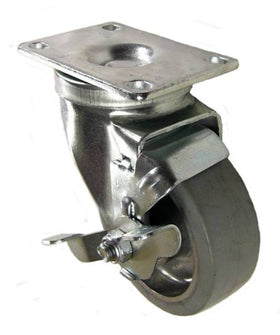 3-1/2" x 1-1/4" Rubber on Aluminum Wheel Swivel Caster with Brake - 250 Lbs Capacity