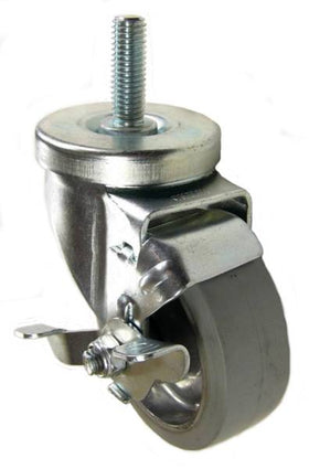 3-1/2" x 1-1/4" Rubber on Aluminum Wheel Swivel Caster with 1/2" Threaded Stem & Brake - 225 Lbs Capacity