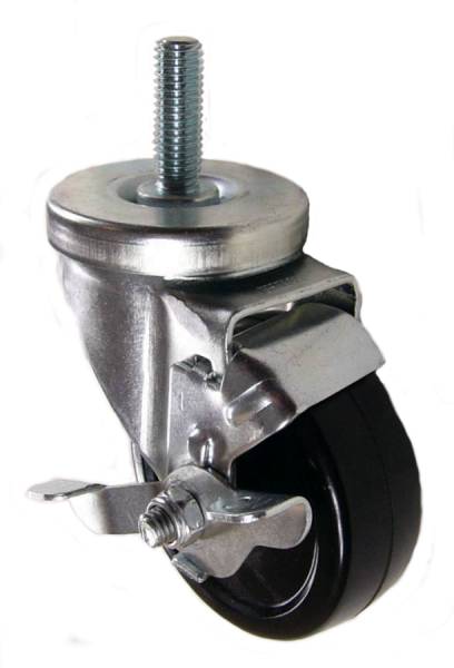 3-1/2" x 1-1/4" Soft Rubber Wheel Swivel Brake Caster with 1/2" Threaded Stem - 200 Lbs Capacity