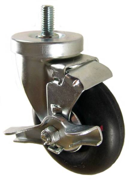 4" x 1-1/4" Neoprene Wheel Swivel Caster with 1/2" Threaded Stem & Brake - 200 Lbs Capacity