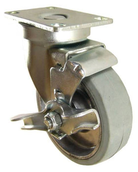 4" x 1-1/4" Rubber on Aluminum Wheel Swivel Caster with Brake - 250 Lbs Capacity