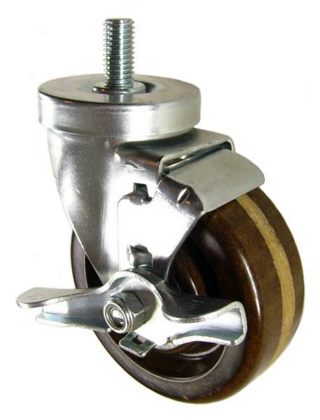 4" x 1-1/4" High Temp Phenolic Wheel  Swivel Caster with 1/2" Threaded Stem & Brake - 350 Lbs Capacity
