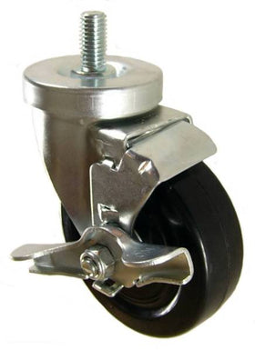 4" x 1-1/4" Hard Rubber Wheel (ball bearings) Swivel Caster with 1/2" Threaded Stem & Brake  - 300 Lbs Capacity