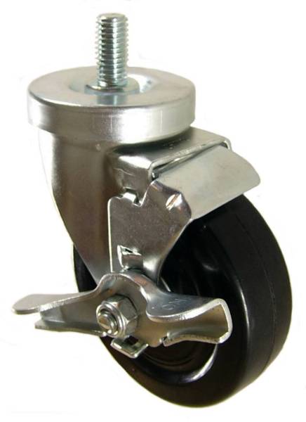 4" x 1-1/4" Hard Rubber Wheel (ball bearings) Swivel Caster with 1/2" Threaded Stem & Brake  - 300 Lbs Capacity
