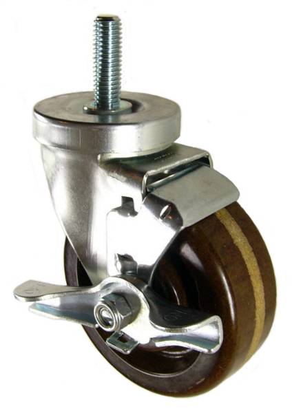 4" x 1-1/4" High Temp Phenolic Wheel  Swivel Caster with 1/2" Threaded Stem & Brake - 350 Lbs Capacity