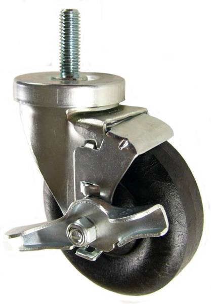 4" x 1-1/4" High Temp Round Tread Wheel Swivel Caster with 1/2" Threaded Stem & Brake - 350 Lbs Capacity